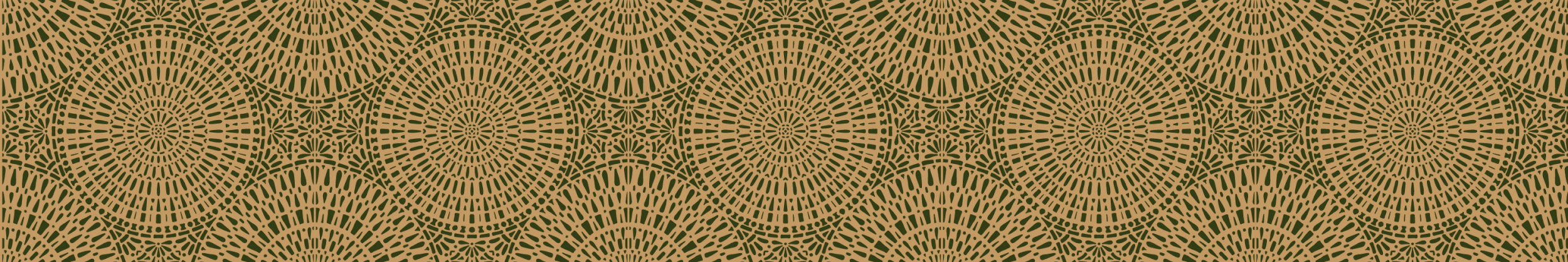 Pattern of interconnected, concentric circles with radiating lines in gold and dark green colors.