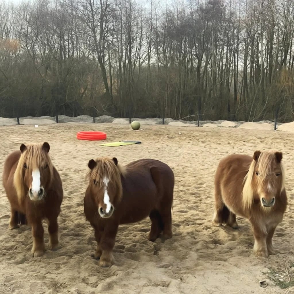 Three miniature horses standing on sandy ground in an enclosed outdoor area with trees and rocks in the background.