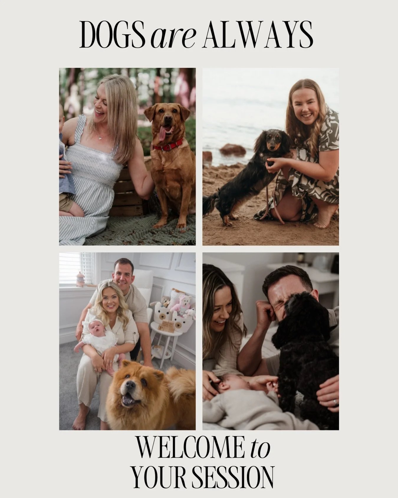 If your dog is part of your family (and let&rsquo;s be honest, they always are), then they are absolutely welcome at your session.

Whether we&rsquo;re shooting in the woods, on the beach or in your cosy living room, I love capturing the little momen