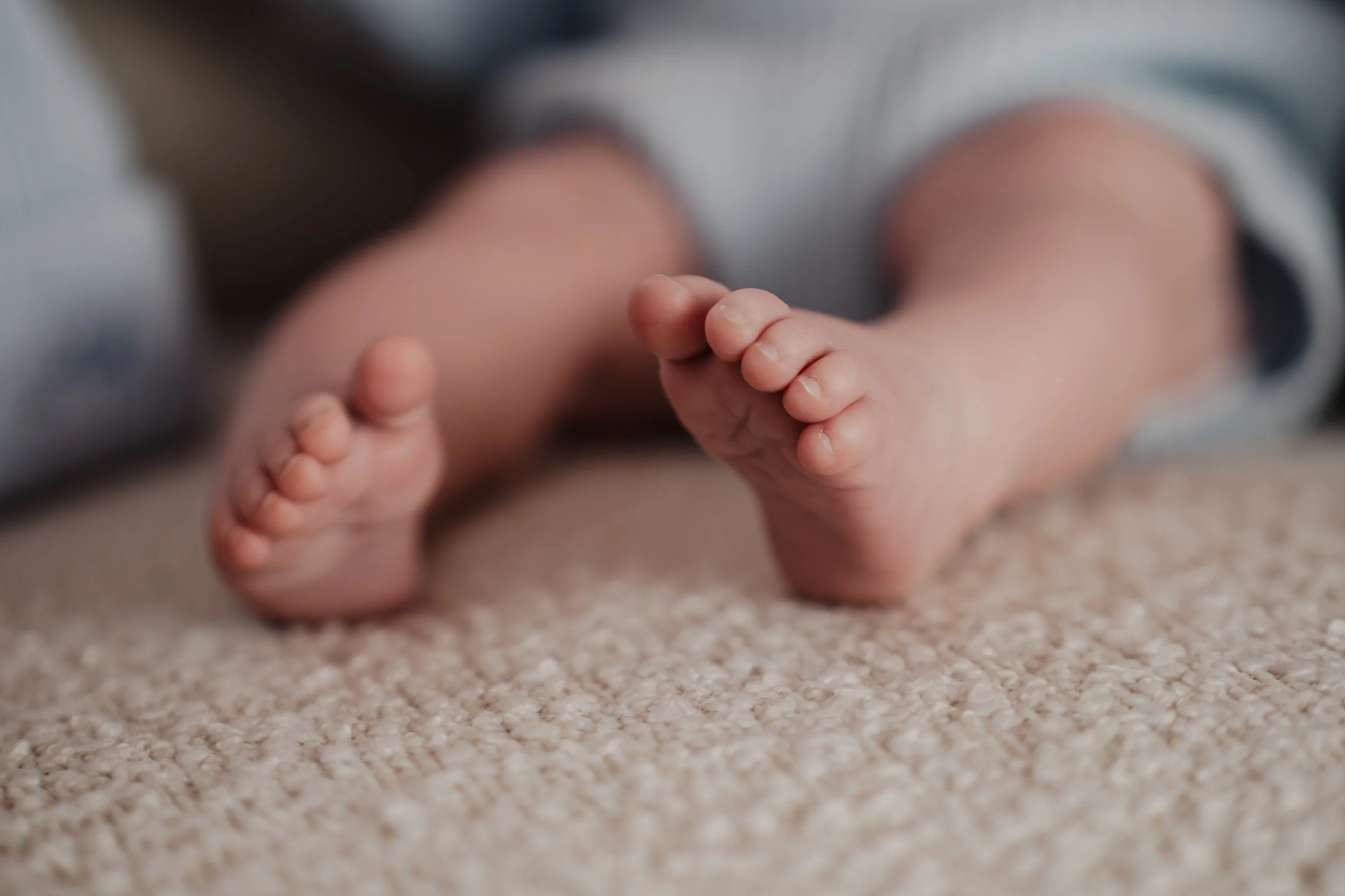 Close-up of baby feet resting on a carpeted floor.