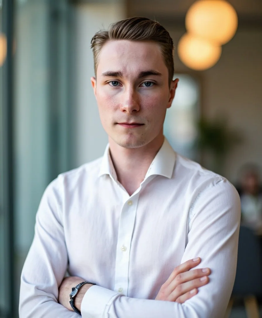 Ung man i vit skjorta står med armar korsade inomhus.