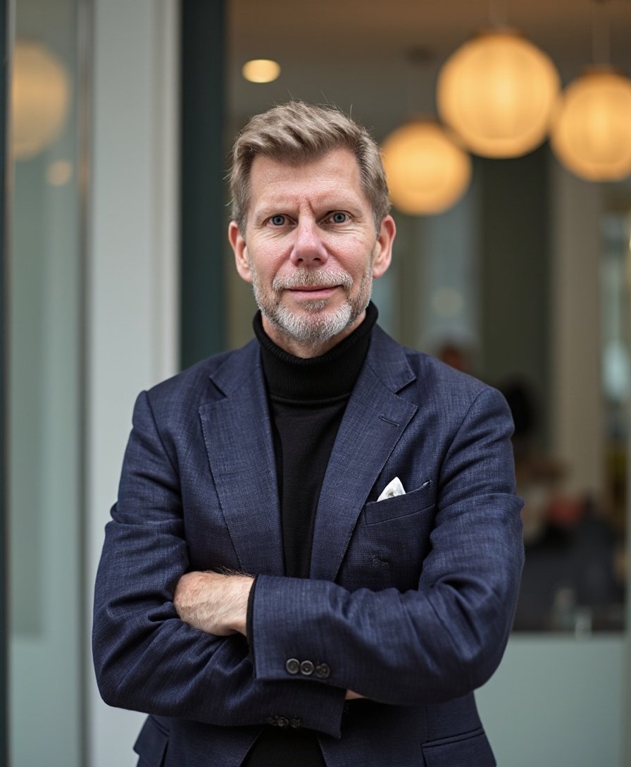 En man med grått hår och skägg, iklädd mörk blazer och svart turtleneck, står med armarna i kors inomhus med en bakgrund av runt lyktor.