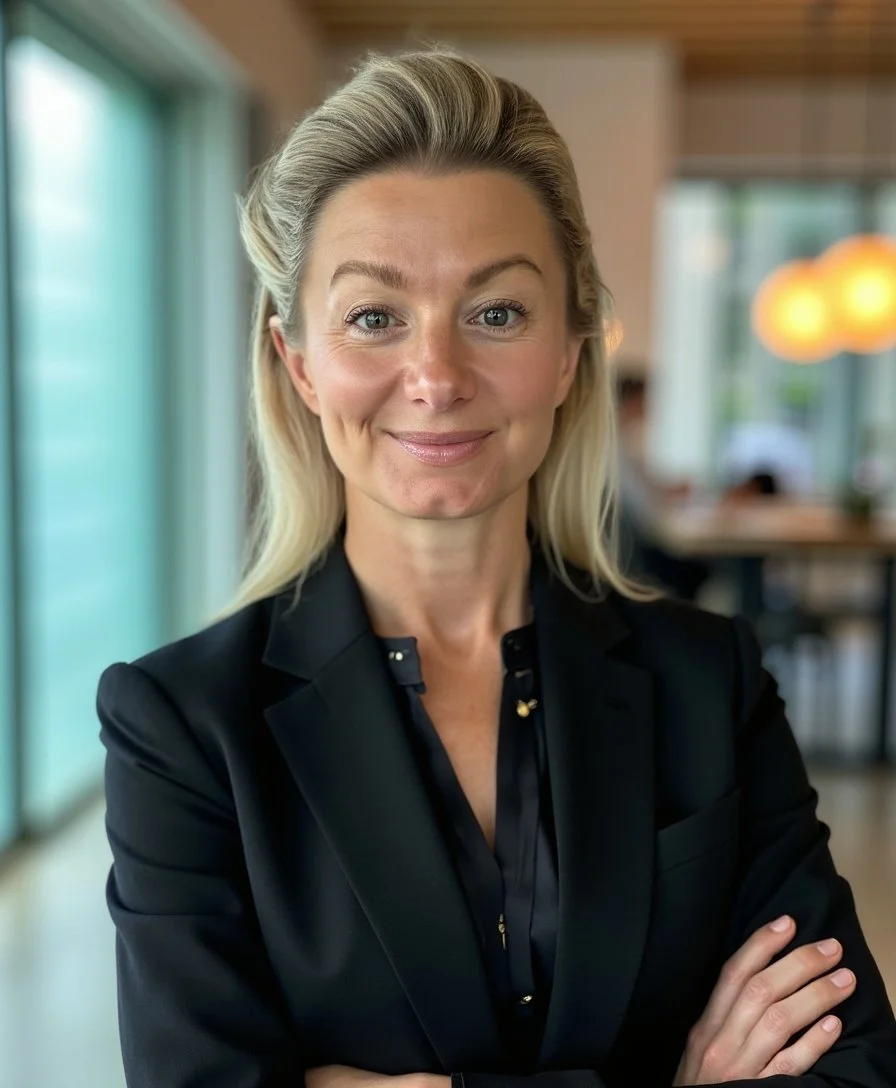 En kvinna med blont hår, iklädd svart kavaj, står i ett modernt inrett utrymme med stora fönster och ljusa väggar.