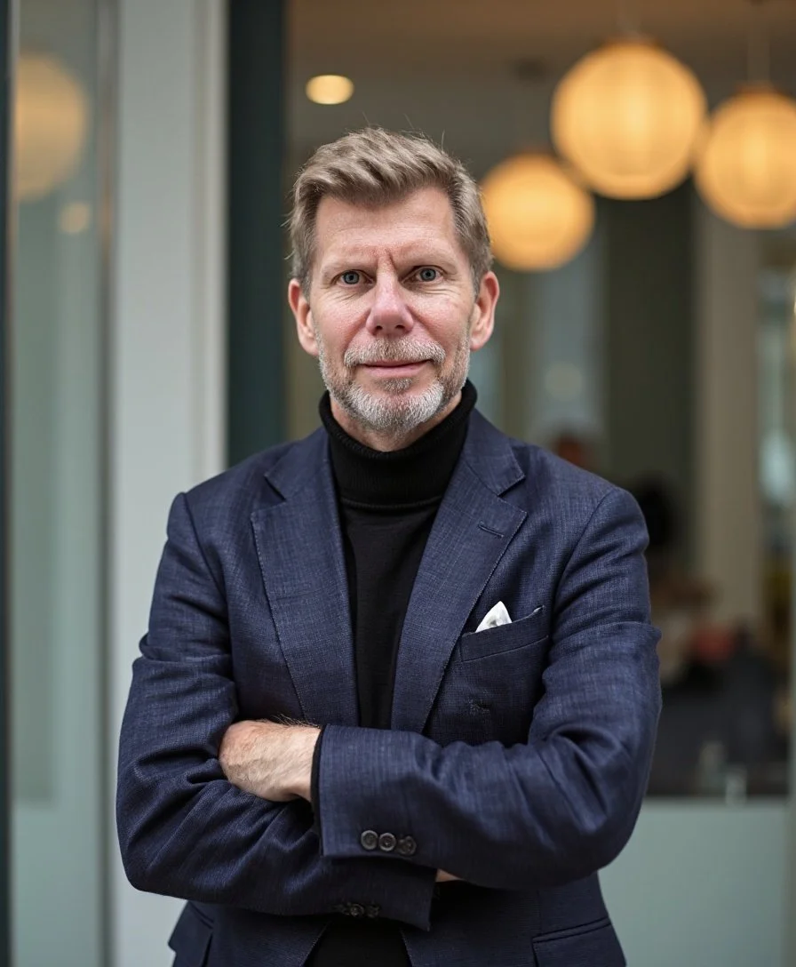 En man med grått skägg och blont hår som är klädd i en blå kavaj och svart turtleneck, står med armarna i kors i ett inomhusmiljö med mjuka belysande lampor i bakgrunden.