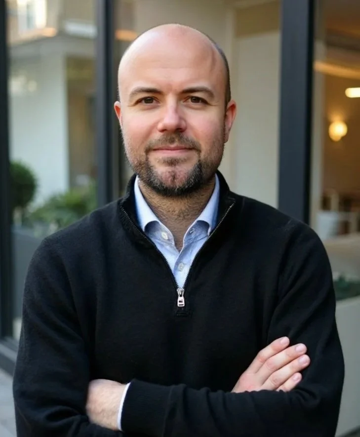 Man står utomhus utanför ett byggnad, bär en svart tröja och har armarna korsade.