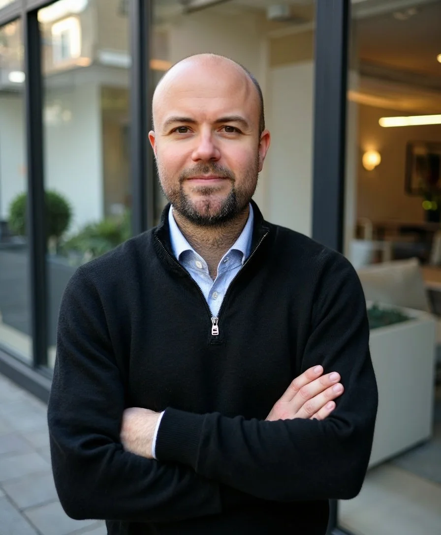 Man står utomhus med armar korsade, bakgrund med föns­ter och en växt.