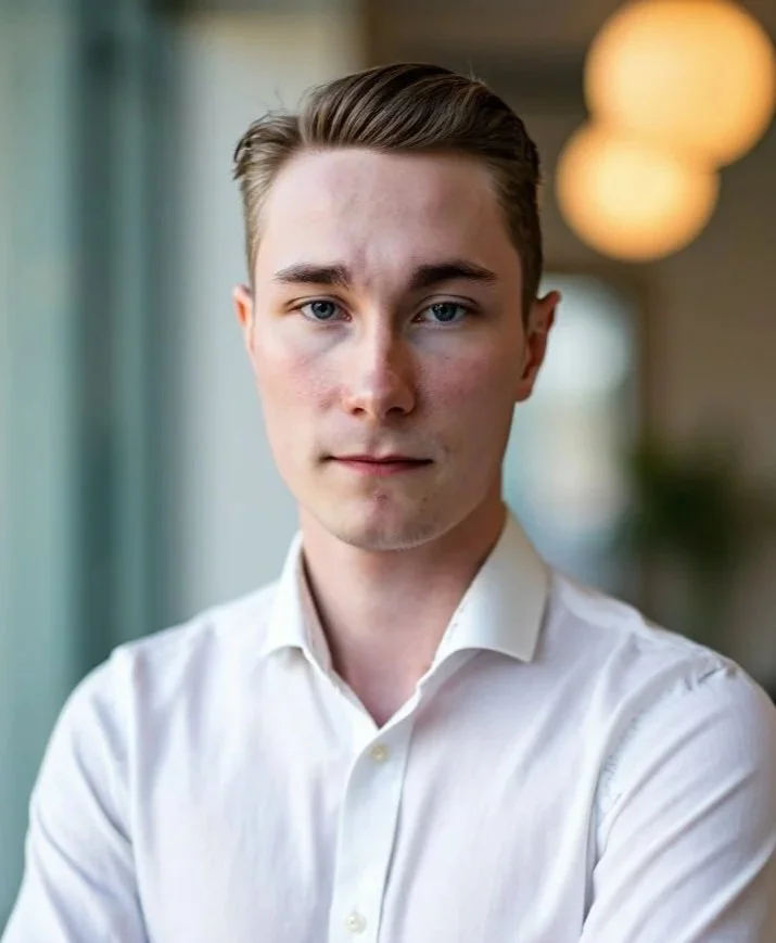 Ung man i vit skjorta står inomhus, bakgrund med bokeh-effekt och varma lampor.