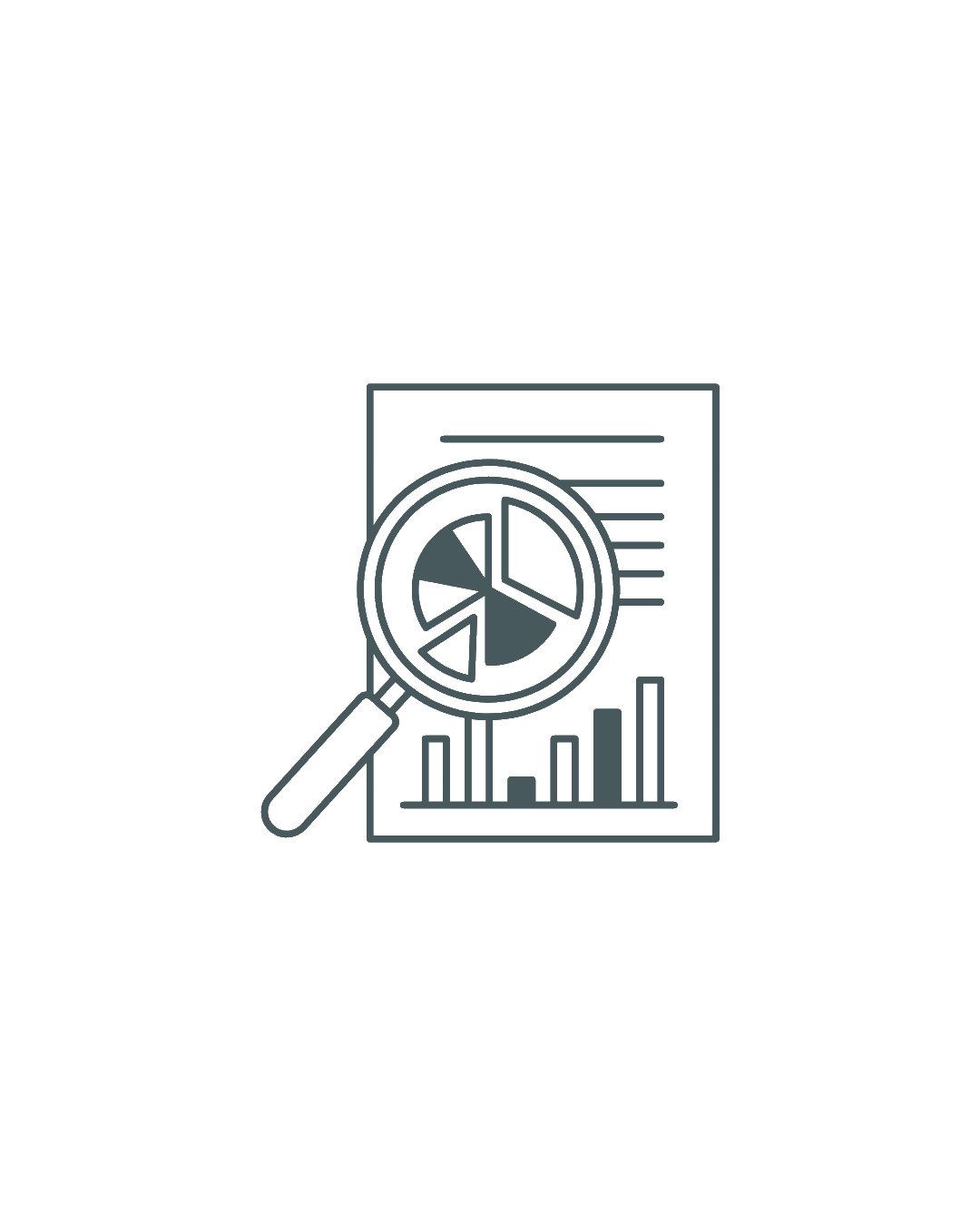 Graf över data med förstoringsglas som visar stapeldiagram och cirkeldiagram på papper.