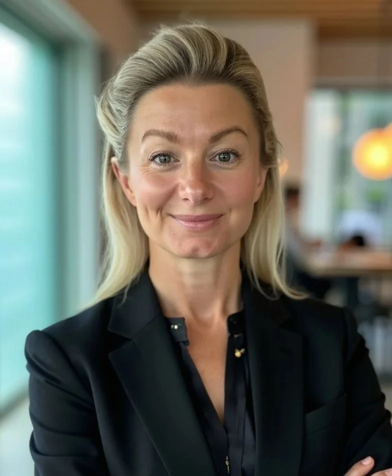 En kvinna med blont hår, iklädd svart kavaj, ler lätt och står i ett inomhusmiljö med stora fönster i bakgrunden.