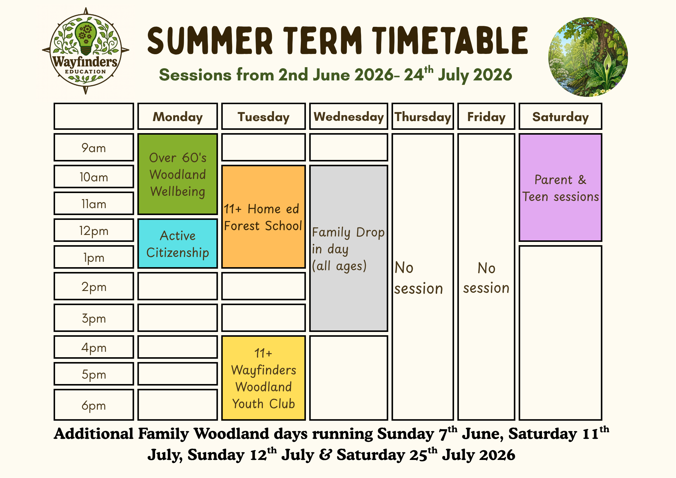 A summer term timetable for Wayfinders Education, displaying weekly sessions from June 2 to July 24, 2026. The top of the timetable features the Wayfinders Education logo, a graphic of a lightbulb with gear and leaf elements, and a circular nature scene with a river, trees, and plants.
