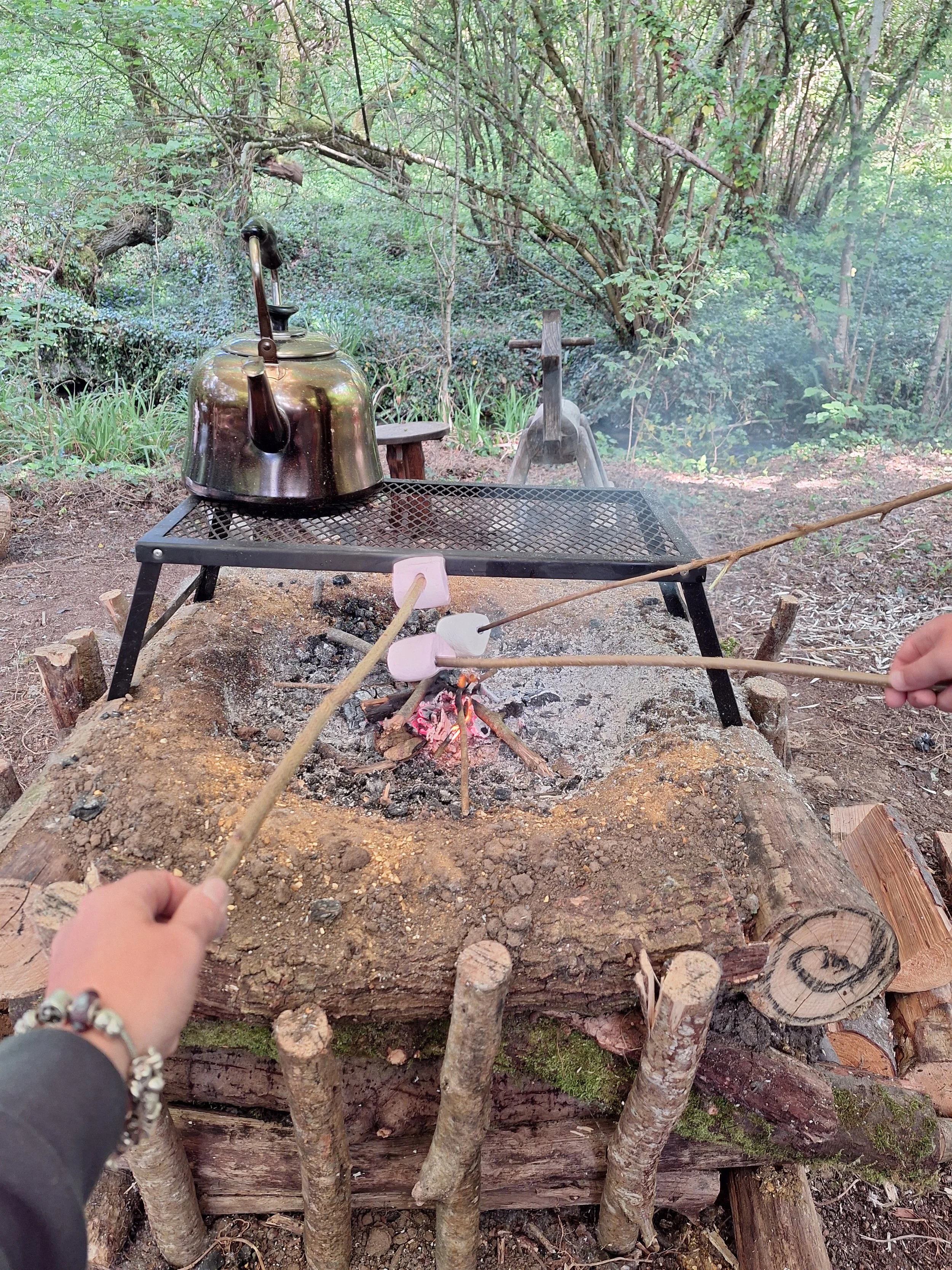 People roasting marshmallows over an outdoor campfire in a wooded area, with a kettle on a grill and logs stacked nearby.