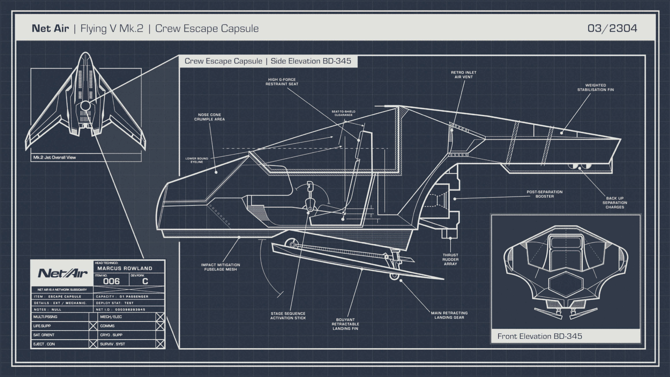 Flying V Mk.2 Jetliner - blueprint of escape pod system. 