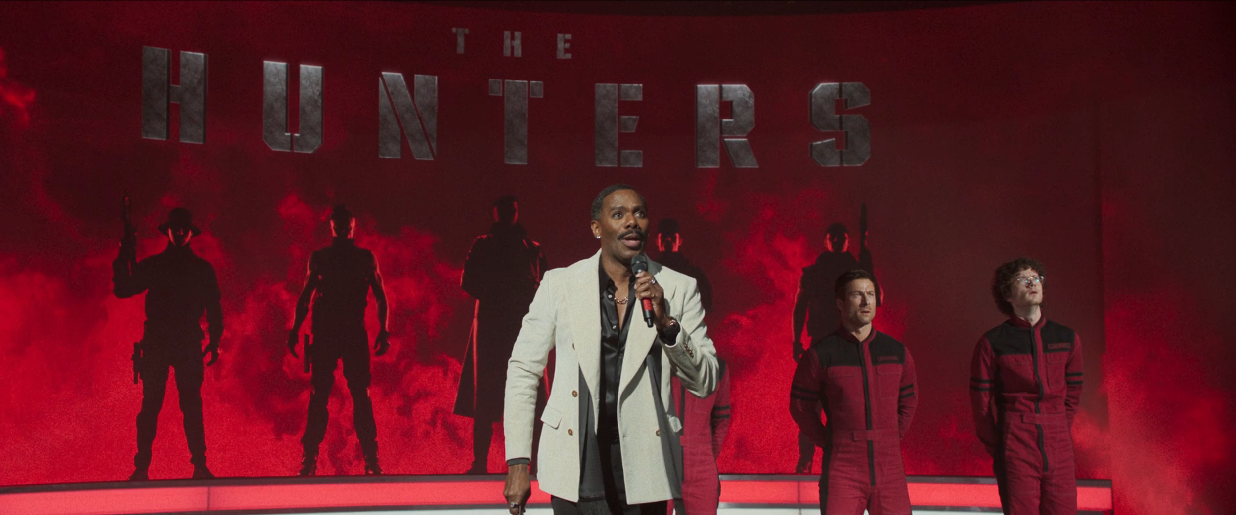 The Hunters typographic treatment, seen here shot practically on the Running Man set. 