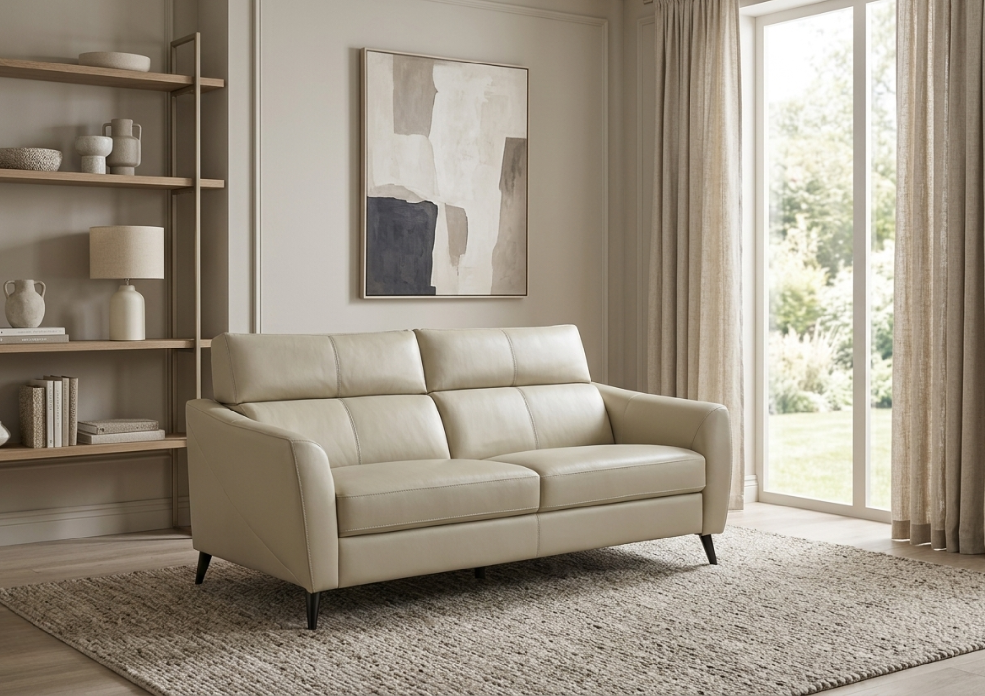 Living room with a cream-colored sofa, a bookshelf with decorative objects, a framed abstract painting on the wall, large windows with beige curtains, and a textured rug.