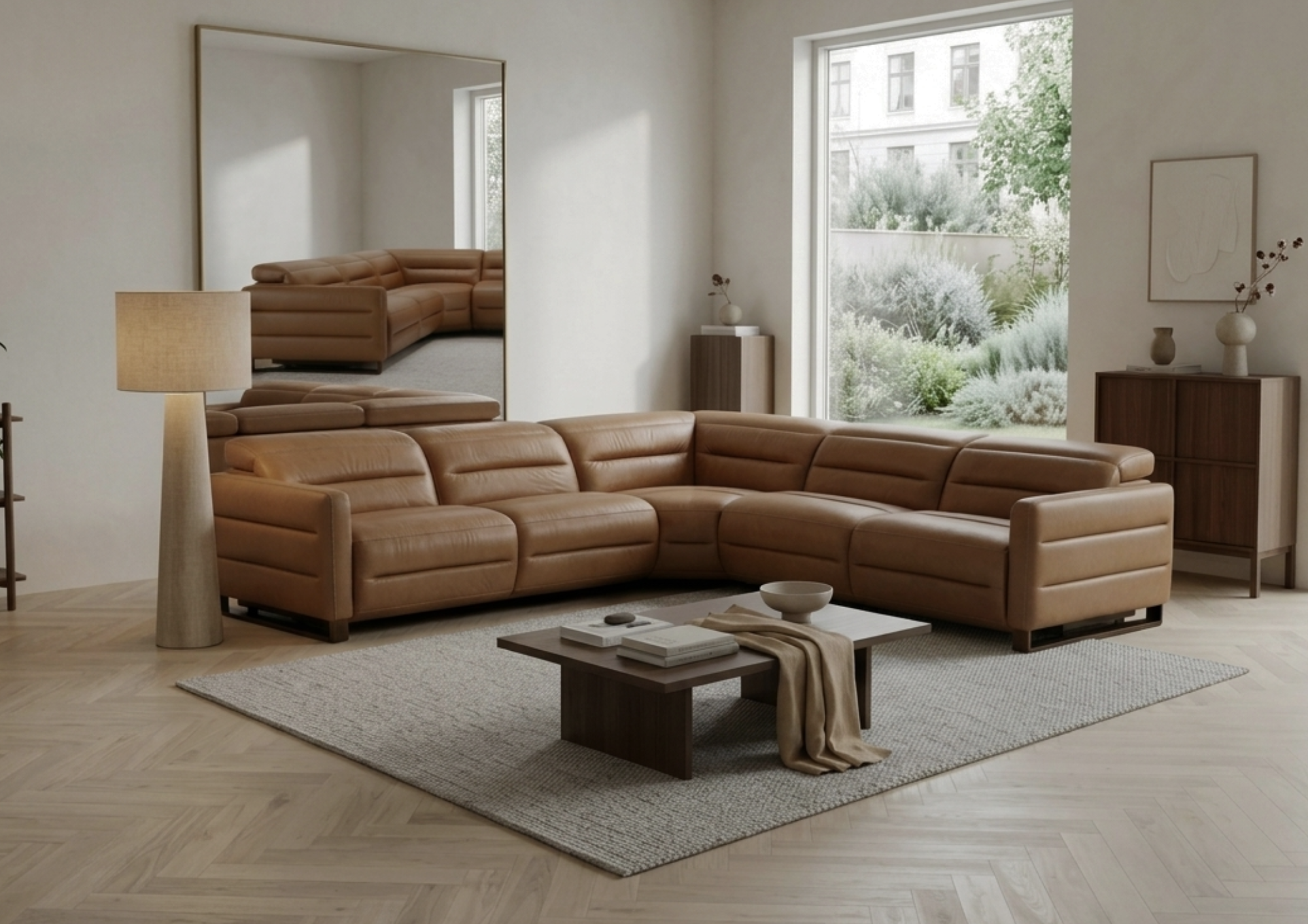 Modern living room with beige leather sectional sofa, wooden coffee table, floor lamp, wall art, and large window showing lush greenery outside.