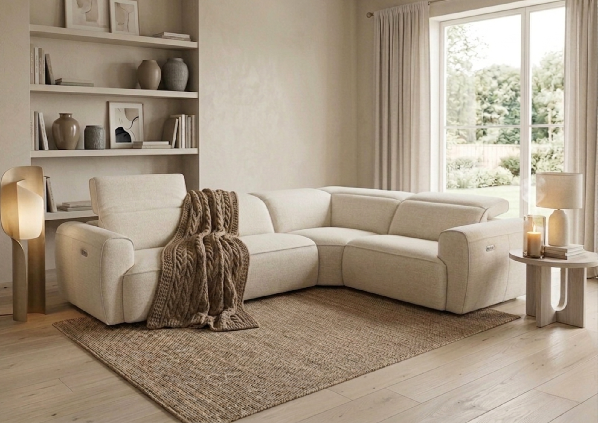 Living room with large cream sectional sofa, beige woven throw blanket, wooden side table with candles and books, tall window with beige curtains, built-in bookshelf with decorative vases and books, wooden floor, beige walls, and warm lighting.