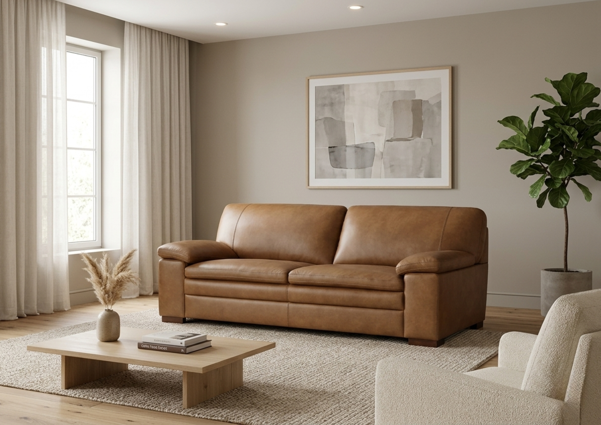 Living room with a tan leather sofa, a coffee table with books and a vase, a window with sheer curtains, a framed abstract artwork, a green potted plant, and a beige armchair.