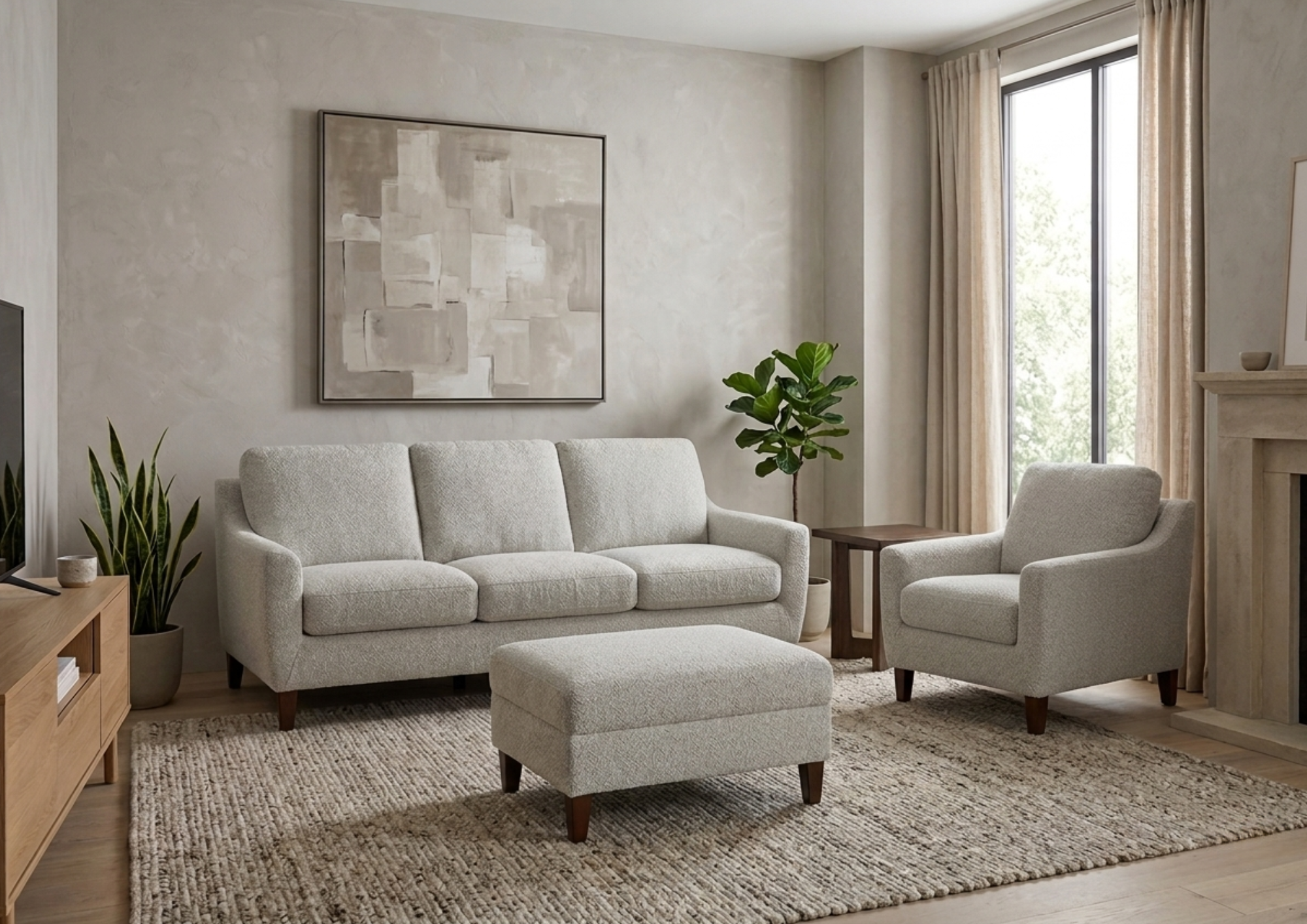 Living room with white sofa, armchair, wooden coffee table, plant, abstract art on wall, large window with curtains, fireplace, and beige rug.
