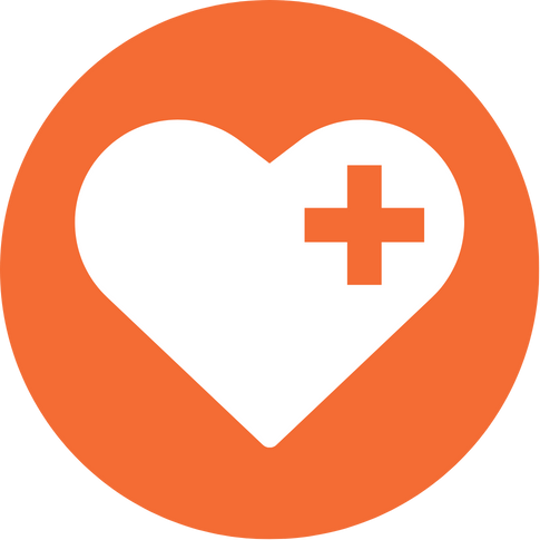 A white heart with an orange plus sign inside it, on an orange circular background.