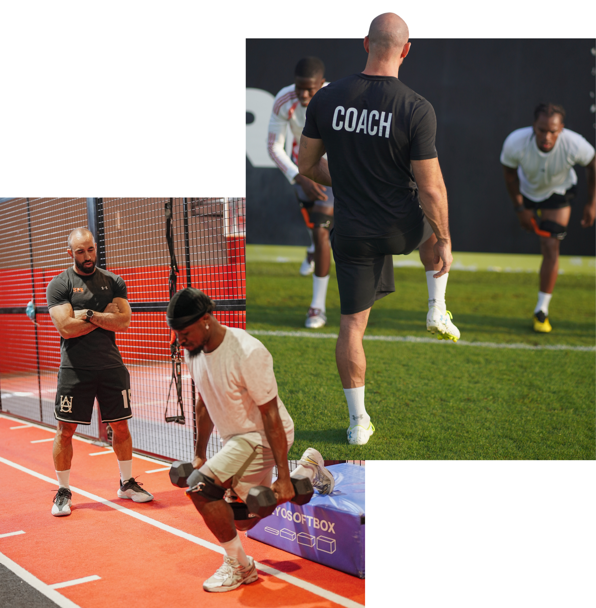 Collage of two workout scenes: upper scene shows a coach with a shaved head in a black shirt with 'COACH' written on the back, instructing two athletes stretching on grass; lower scene depicts a trainer in a gym with a red wall and black safety net, spotting a man in a white shirt and beige shorts lifting dumbbells, while another trainer with a shaved head and beard watches.