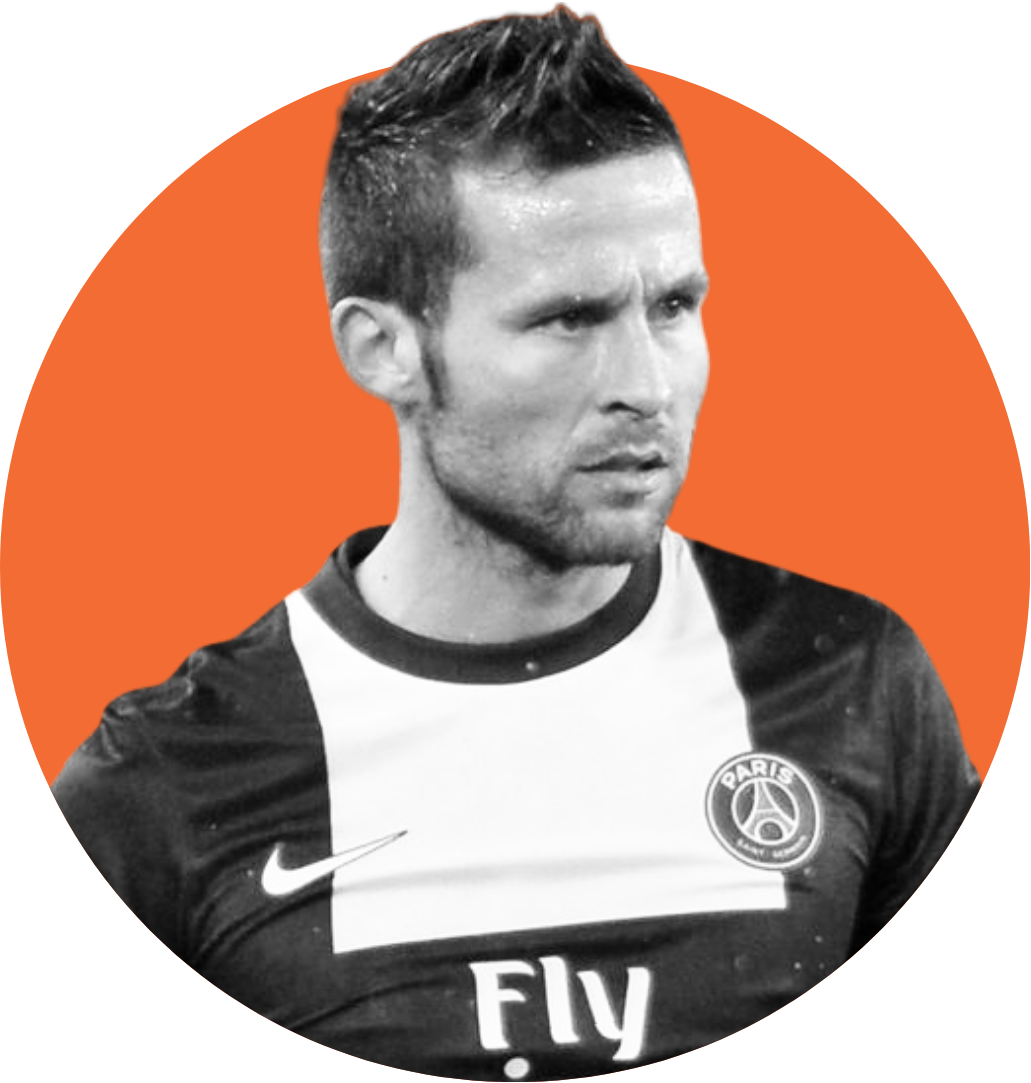 Black and white photo of a male soccer player wearing a Paris Saint-Germain jersey with the Fly sponsorship logo, set against an orange circular background.