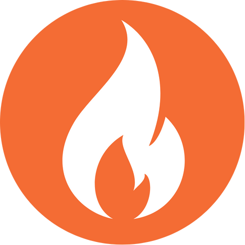 An orange circular background with a white flame icon in the center.
