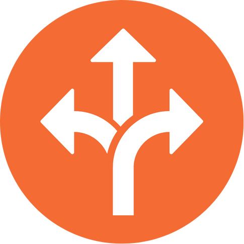 Traffic sign indicating options to go straight or turn left or right.