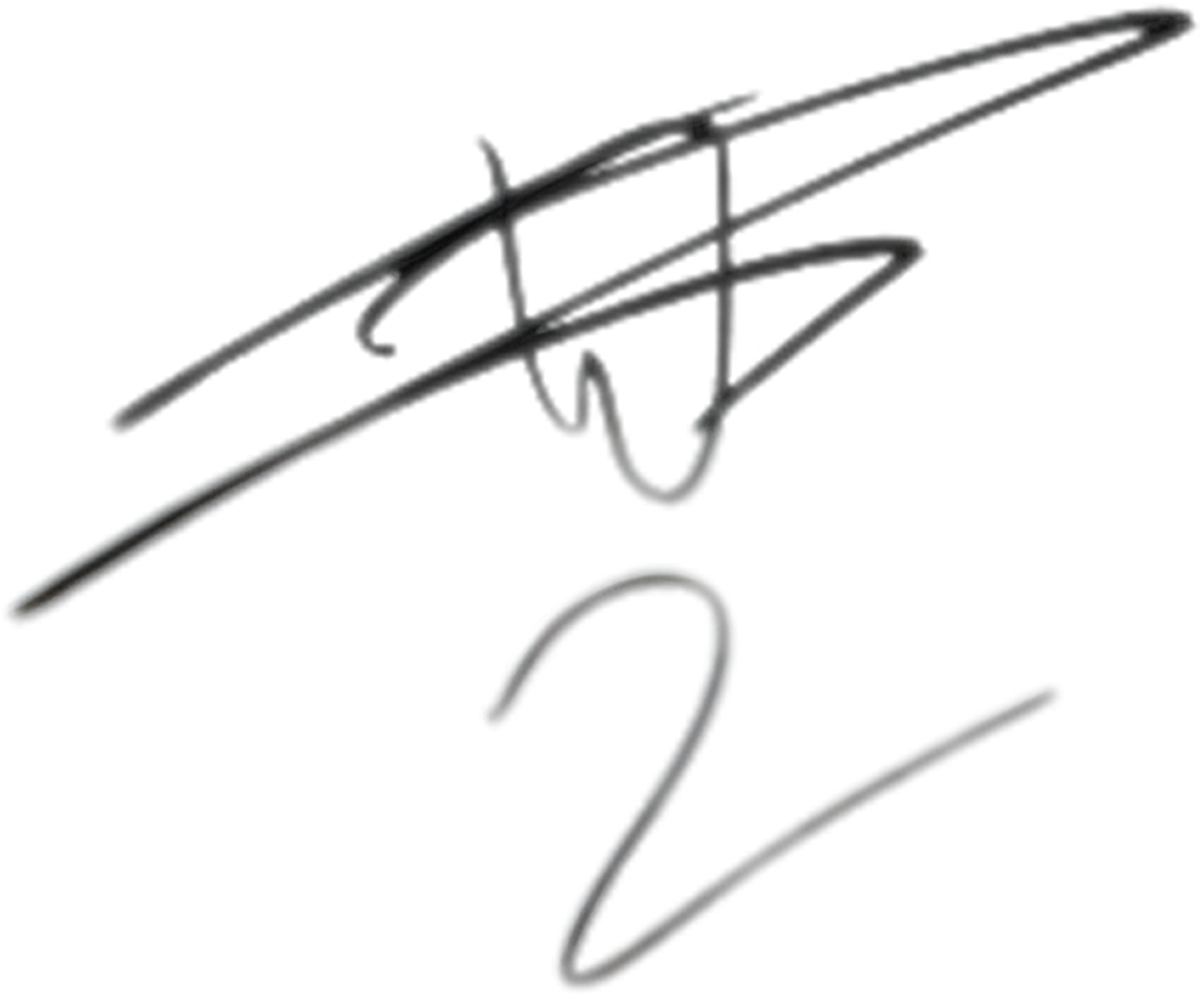 A signature in black ink that appears to be handwritten, overlaying a background with a design that includes red and black colors and a stylized number 2.