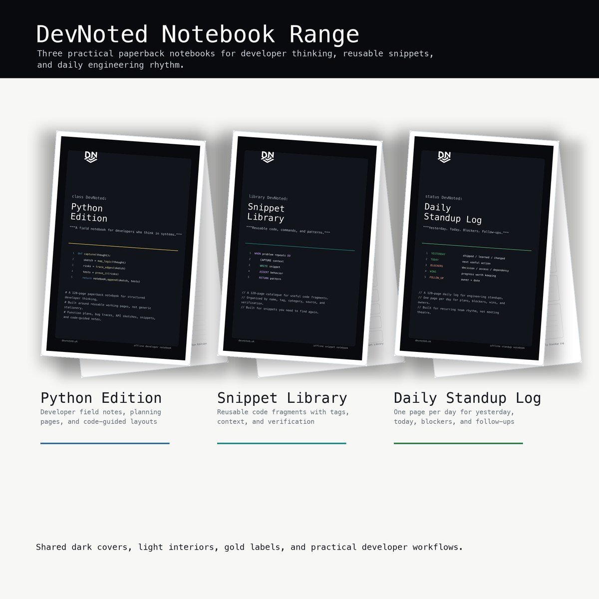 Product showcase of DevNoted Notebook Range, featuring three paperback notebooks: Python Edition, Snippet Library, and Daily Standup Log, each with a dark cover and descriptive titles for developer workflows.