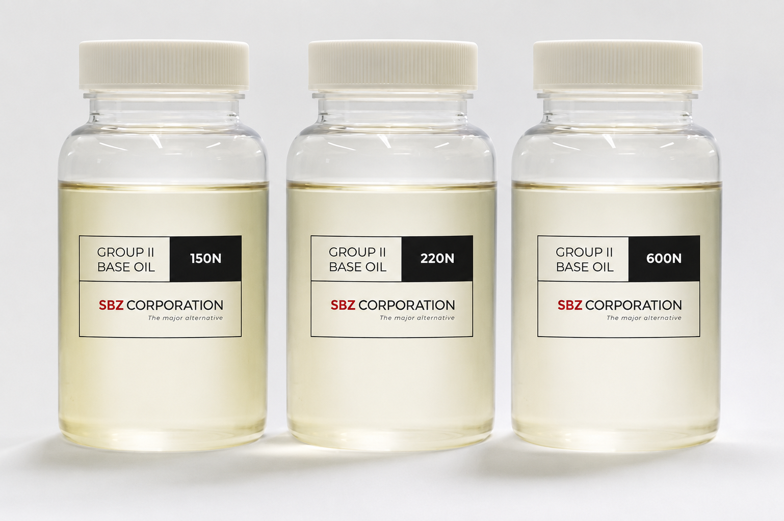 Three bottles of base oil labeled as Group II, with different numbers: 150N, 220N, and 600N, from SBZ Corporation, standing side by side against a plain background.