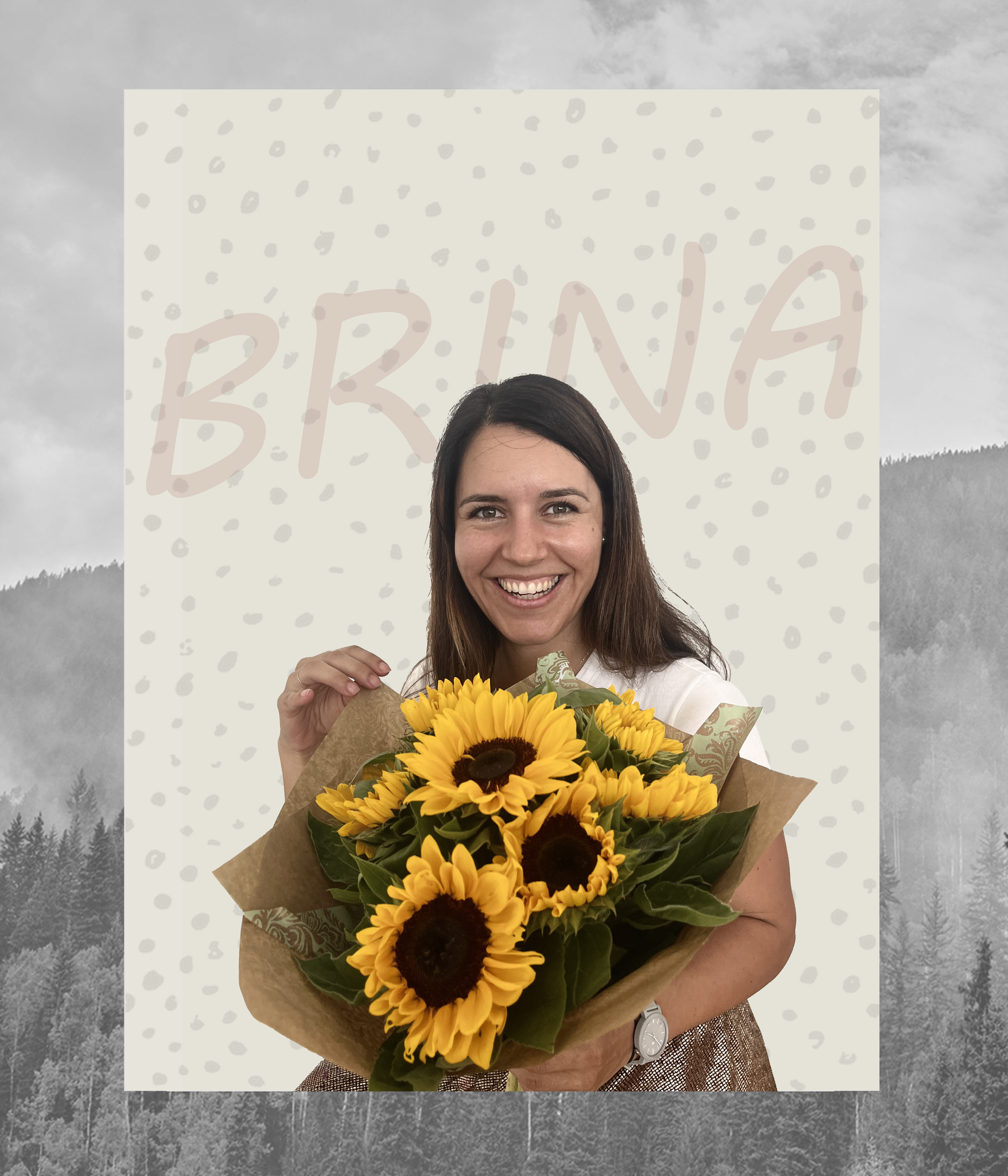 A woman with dark hair smiling while holding a bouquet of bright yellow sunflowers, standing in front of a backdrop with the word 'BRINA' and abstract patterns.