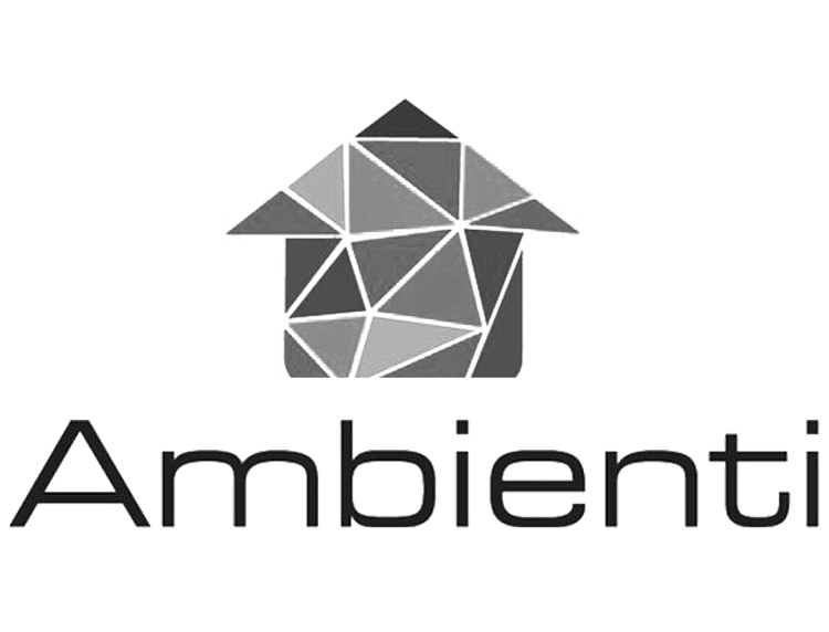 A logo with a geometric house made of gray and black triangles, and the word 'Ambienti' below it.