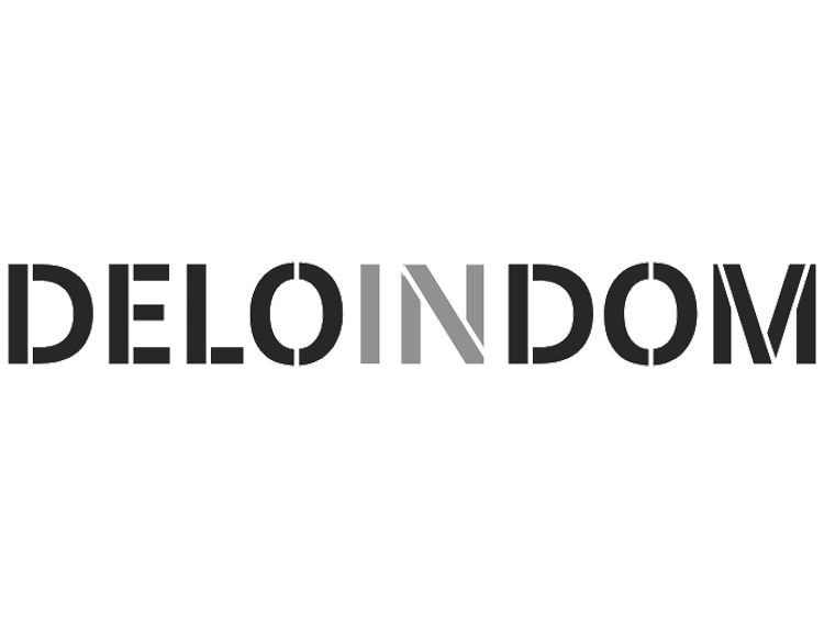 The word "DELOINDOM" in black and gray stylized text, with the "I" and "N" in gray and the rest in black.
