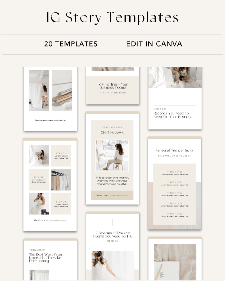 A digital collage of Instagram story templates with minimalistic design and neutral color palette, showcasing various layouts and content ideas for business and finance topics.