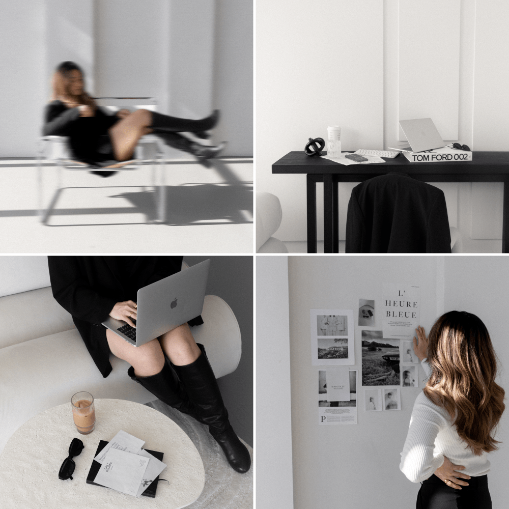 Collage of four images showing a woman on a lounge chair, a desk with a laptop and stationery, a person sitting on a sofa with a laptop, and a woman looking at a wall of photographs and posters.