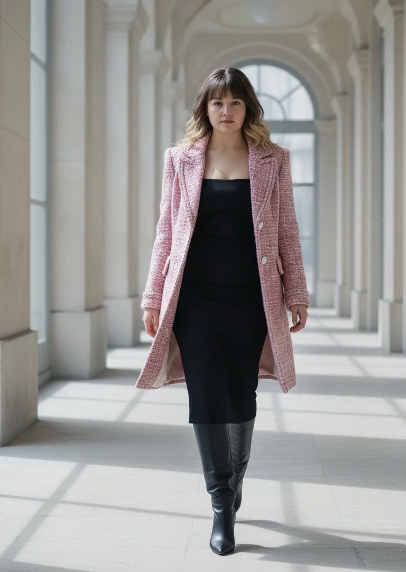 A woman walking through an indoor corridor with large arched windows, wearing a pink coat, black dress, and black knee-high boots.