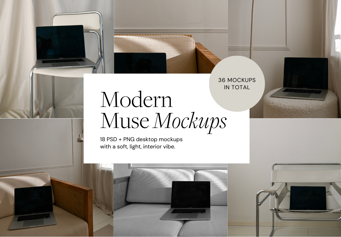 Collage of various modern laptop mockups placed on different pieces of furniture and interior settings, showcasing light and soft interior styles.