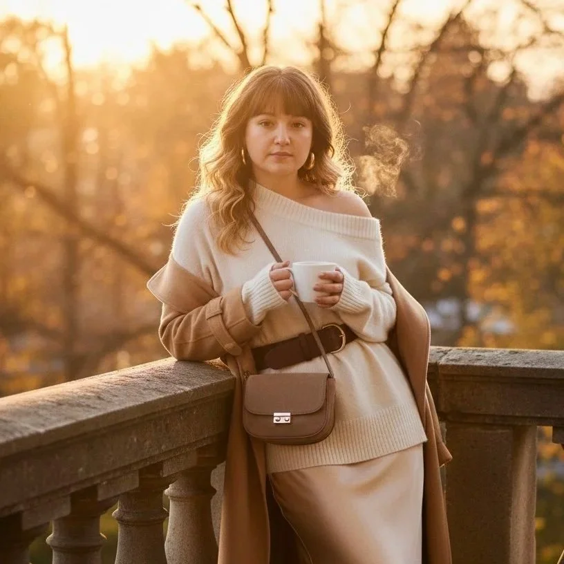 A young woman with wavy, shoulder-length hair features standing outdoors on a bridge railing during autumn sunset, holding a steaming mug, wearing a beige off-shoulder sweater, tan coat, a crossbody purse, and a long skirt.