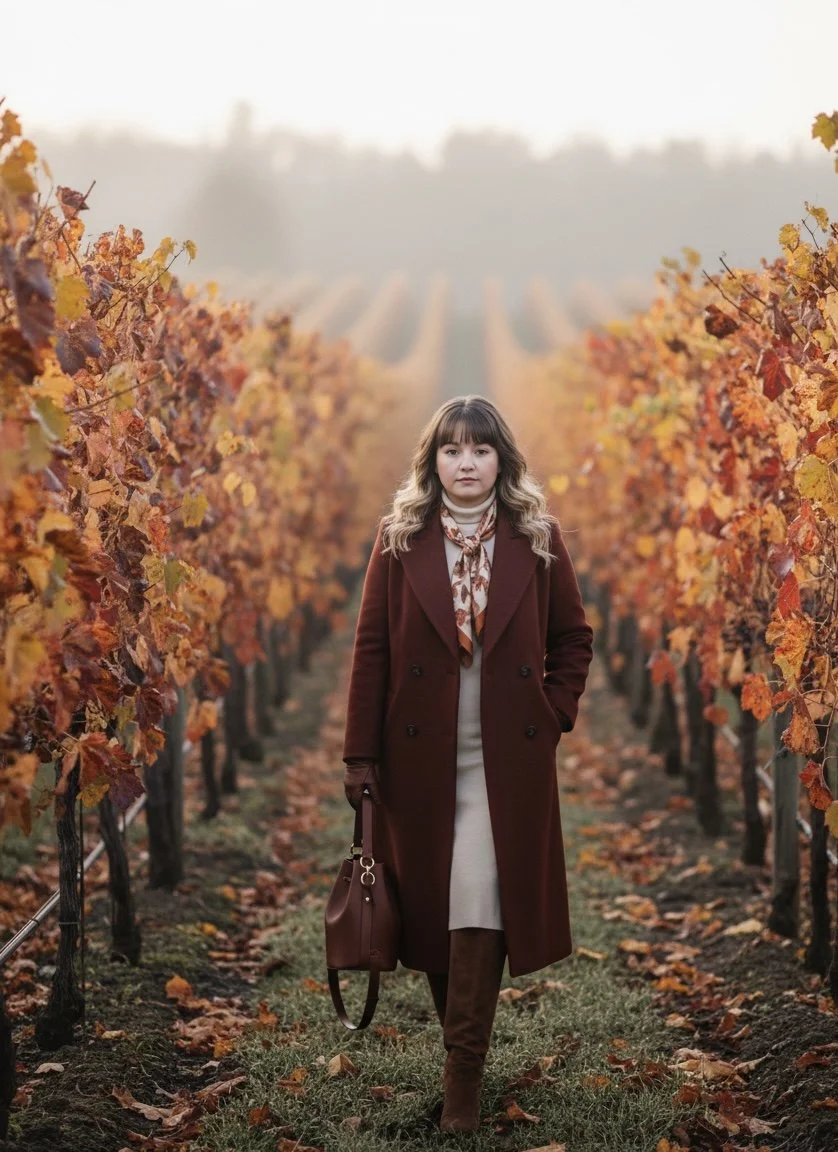 A woman walking through a vineyard with autumn-colored leaves, wearing a long brown coat, beige dress, and brown boots, carrying a brown handbag.