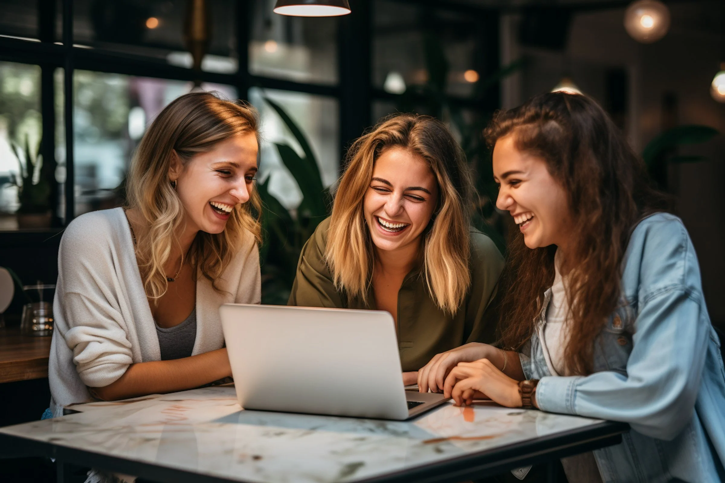 Three women sitting at a table, laughing and looking at a laptop.