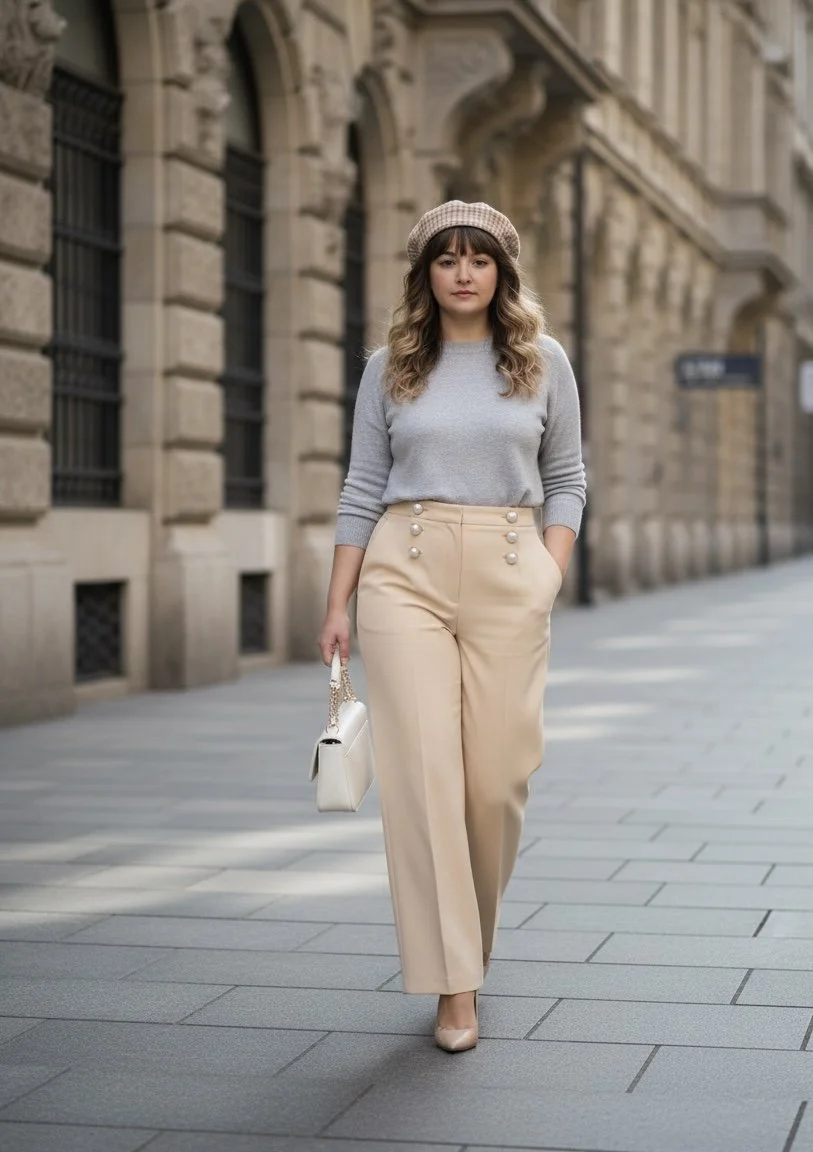 A woman walking on a city street with historic stone buildings, wearing a grey sweater, beige wide-legged pants with pearl buttons, nude heels, beige beret, carrying a white handbag.
