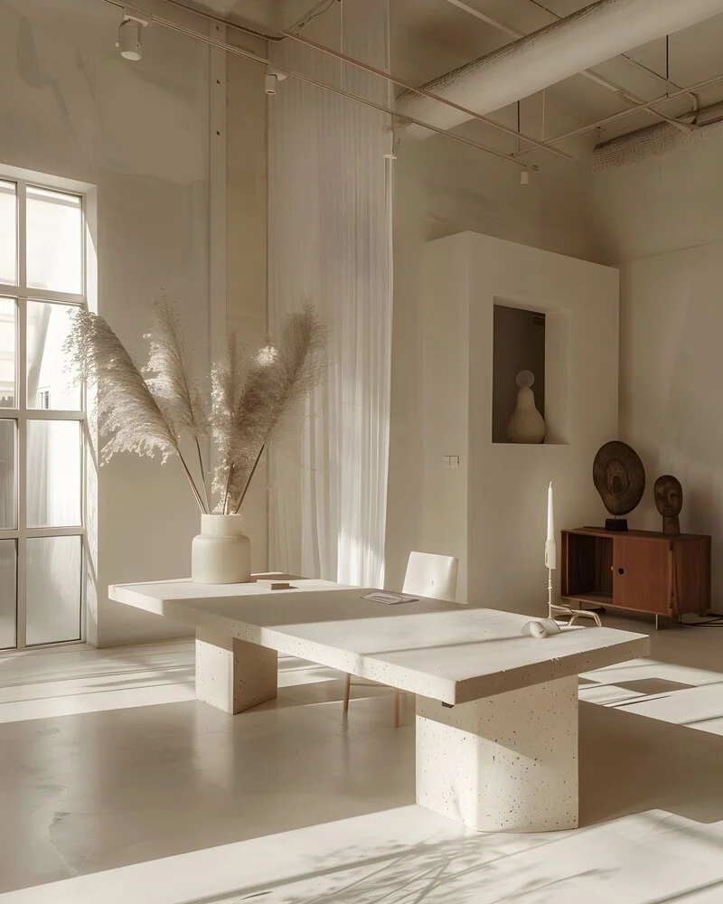 Minimalist interior with a large white table, a white vase with pampas grass, a chair, and wooden sculptures on a cabinet. Sunlight streams through a window, casting shadows on the floor.