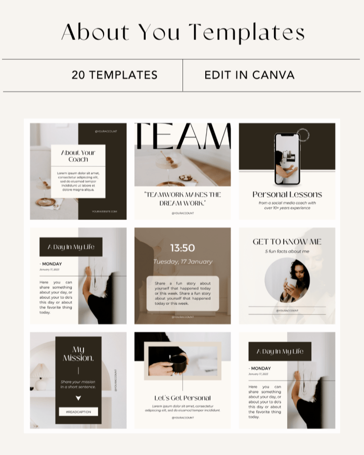 Collection of social media post templates for about you, team, personal lessons, daily life, mission, and personal branding, with black, white, and beige color schemes, featuring images, text, and icons.