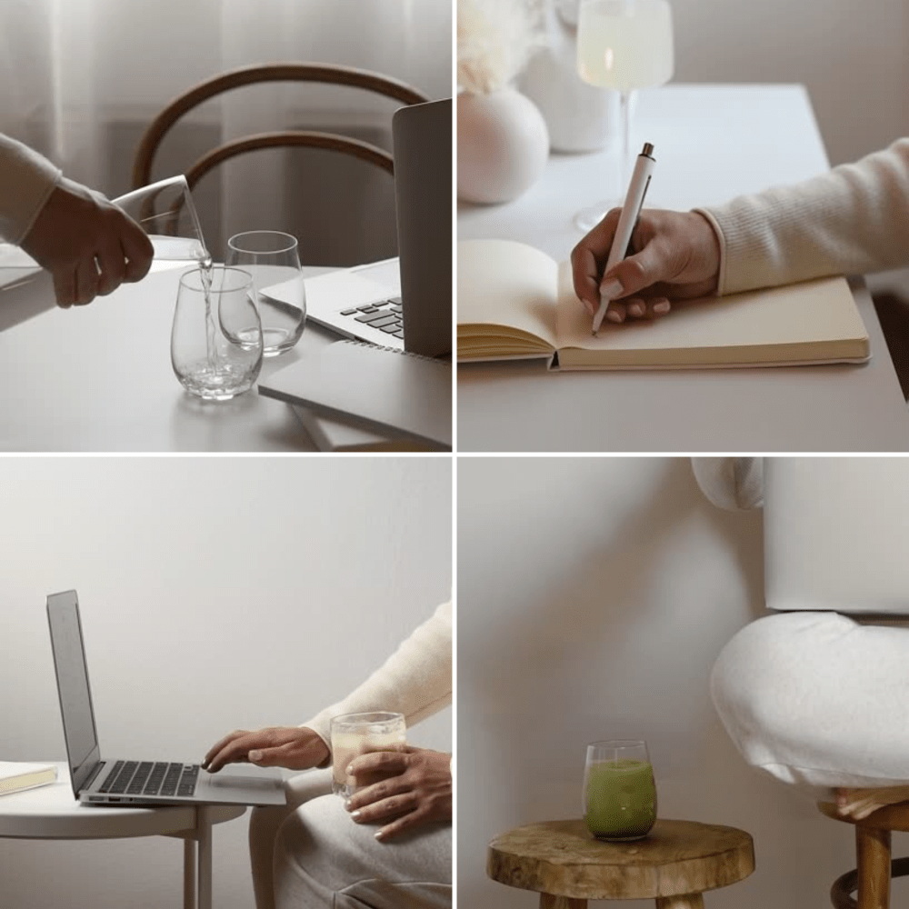 A collage of four photos showing different activities and objects. The top left shows someone pouring water into a glass on a table with a laptop nearby. The top right shows a person writing in a notebook with a pen, with decorative objects and a lamp in the background. The bottom left shows a person using a laptop with a drink in hand, seated on a white chair. The bottom right shows a green drink on a small wooden table, with a person sitting on a stool nearby.