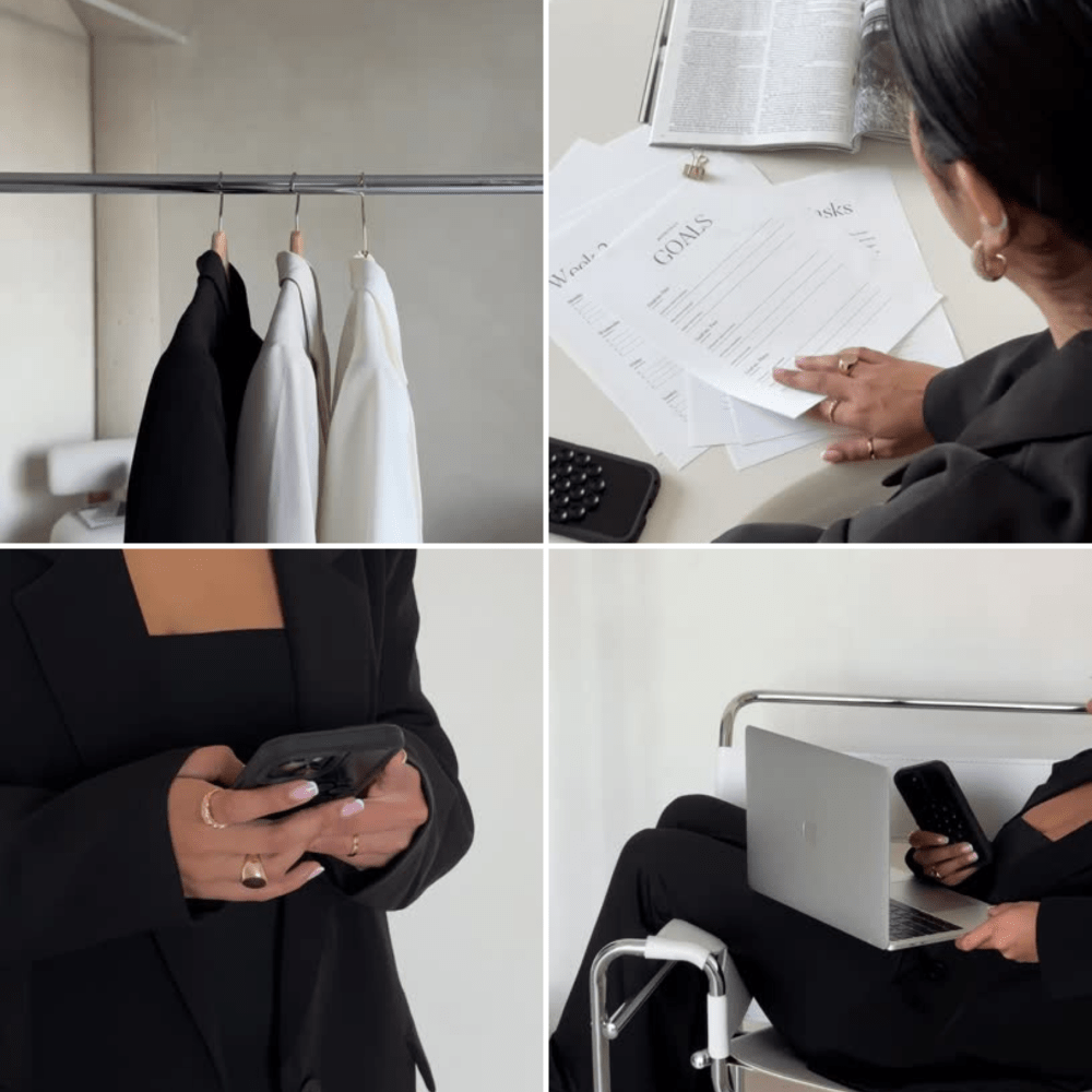 Collage of four images: top left shows a clothing rack with black and white garments hanging; top right shows a woman reviewing documents and notes at a desk; bottom left shows a woman holding and using a smartphone; bottom right shows a person sitting with a laptop and a smartphone.