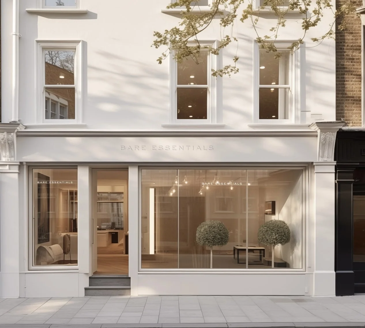 White storefront with large glass windows displaying interior with plants and furniture, two floors with three windows on the upper level, and a sidewalk in front.