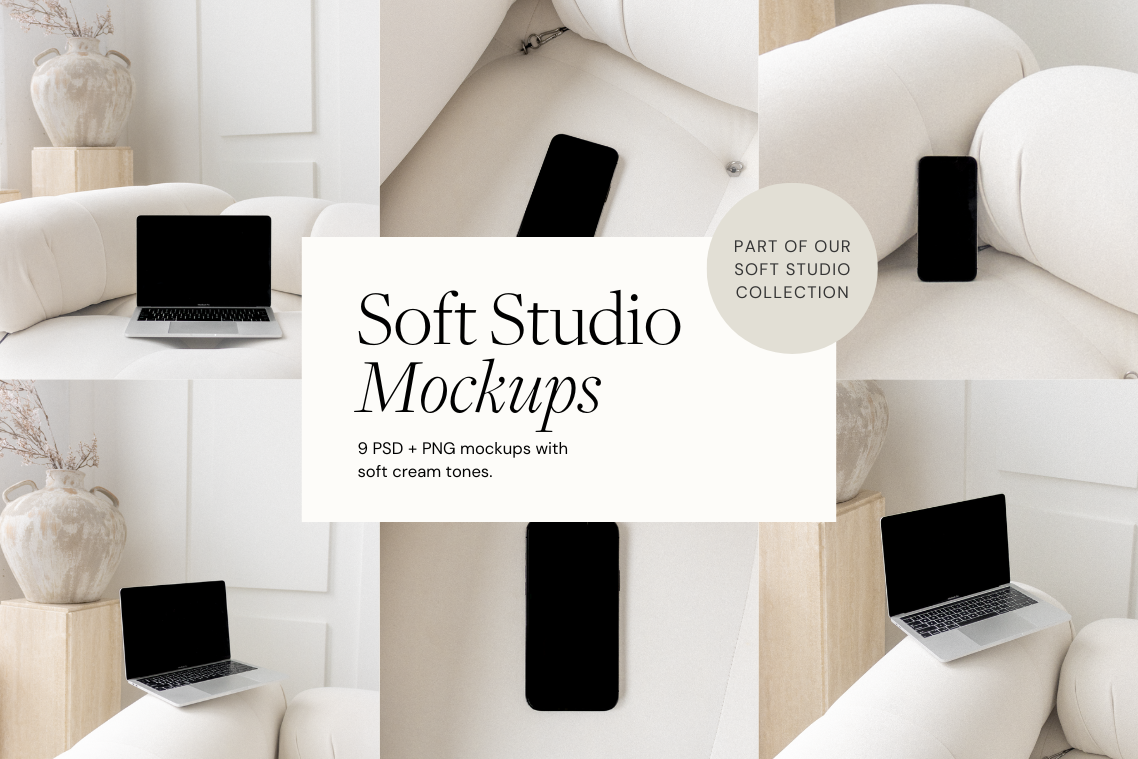 Collage of minimalist home decor scenes with laptops and smartphones on white sofas, neutral-toned walls, and vases, showcasing soft studio mockup collection.
