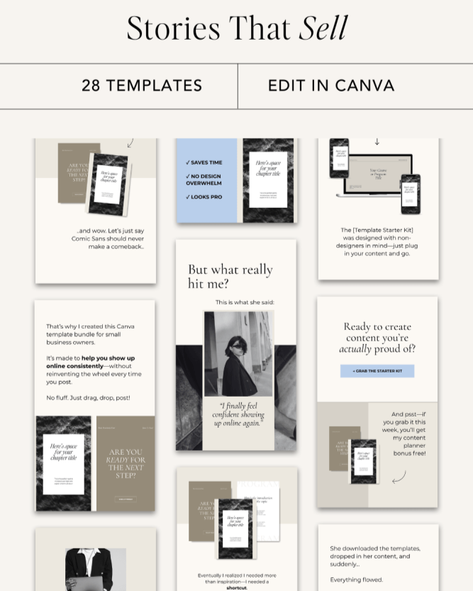 Collection of digital marketing template designs for selling stories, showcasing various social media and content creation tools.