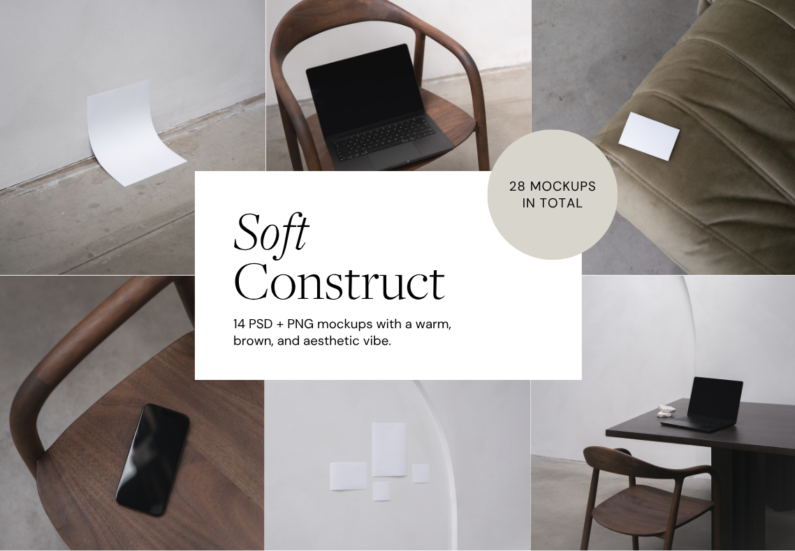 Collage of various interior scenes with laptops, chairs, a phone, and abstract wall art, promoting mockups with a warm, brown, and aesthetic vibe.