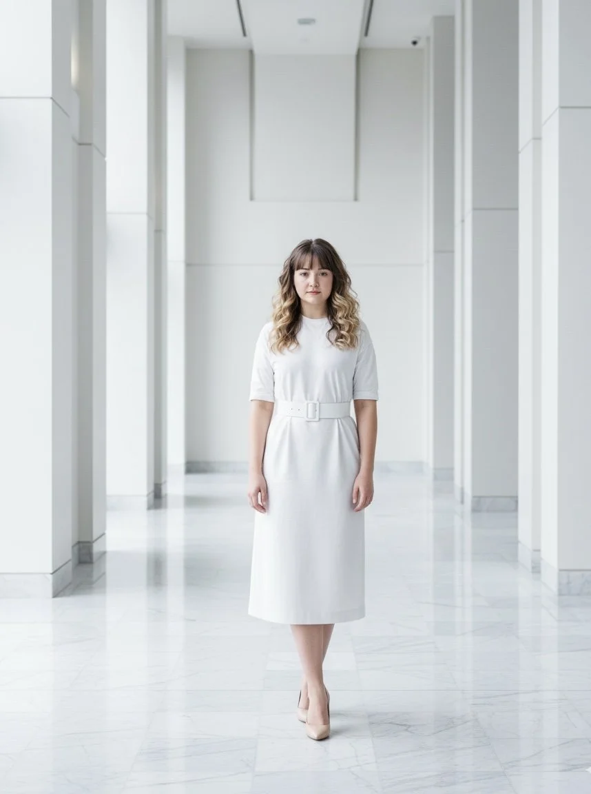 A woman in a white dress standing in a bright modern hallway with white walls and marble floors.
